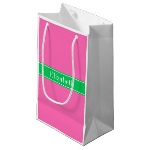 Solid Hot Pink #2 Emerald Green Rbn Name Monogram Small Gift Bag