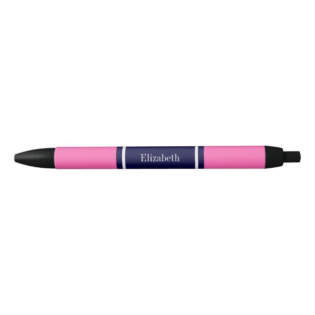 Solid Hot Pink #2, Navy Blue Ribbon Name Monogram Black Ink Pen (Front)