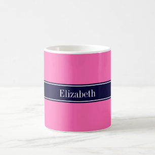 Solid Hot Pink #2, Navy Blue Ribbon Name Monogram Coffee Mug
