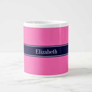 Solid Hot Pink #2, Navy Blue Ribbon Name Monogram Large Coffee Mug