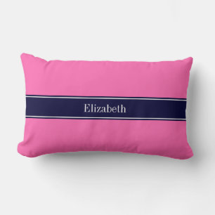 Solid Hot Pink #2, Navy Blue Ribbon Name Monogram Lumbar Cushion