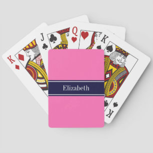 Solid Hot Pink #2, Navy Blue Ribbon Name Monogram Playing Cards