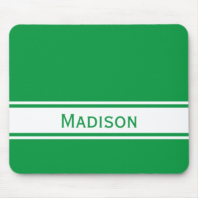 Solid Kelly Green White Stripes Modern Name Mouse Mat (Front)