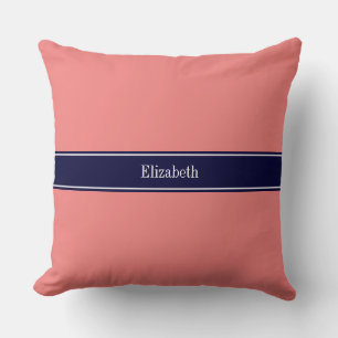 Solid Light Coral, Navy Blue Ribbon Name Monogram Cushion