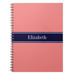 Solid Light Coral, Navy Blue Ribbon Name Monogram Notebook