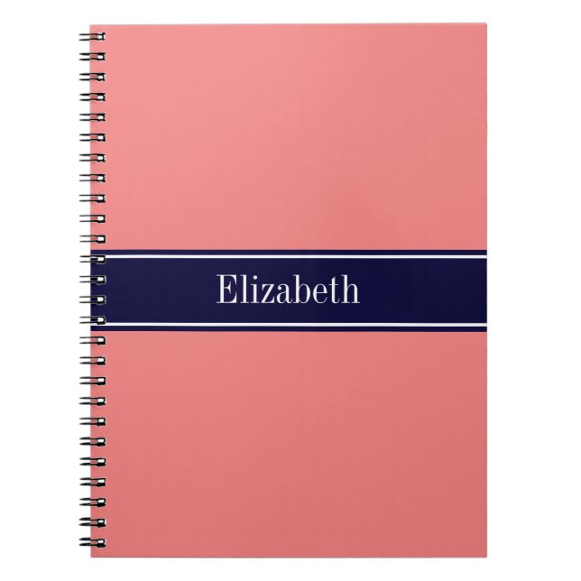 Solid Light Coral, Navy Blue Ribbon Name Monogram Notebook (Front)