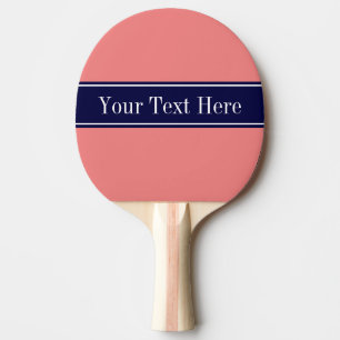 Solid Light Coral, Navy Blue Ribbon Name Monogram Ping Pong Paddle