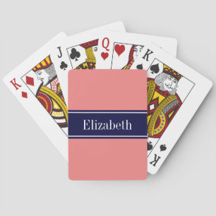 Solid Light Coral, Navy Blue Ribbon Name Monogram Playing Cards