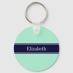 Solid Light Mint, Navy Blue Ribbon Name Monogram Key Ring