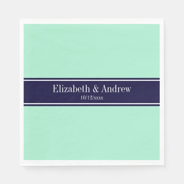 Solid Light Mint, Navy Blue Ribbon Name Monogram Napkin (Front)