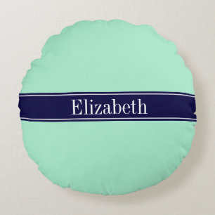 Solid Light Mint, Navy Blue Ribbon Name Monogram Round Cushion