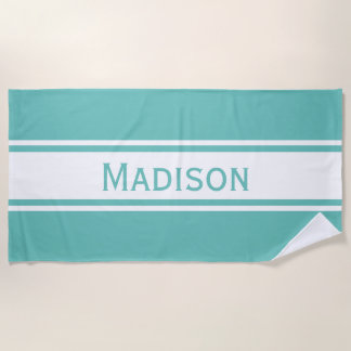 Solid Light Teal White Stripes Modern Name Beach Towel