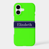Solid Lime Green, Navy Blue Ribbon Name Monogram