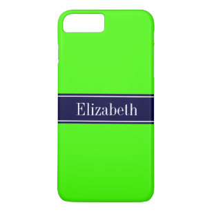 Solid Lime Green, Navy Blue Ribbon Name Monogram iPhone 8 Plus/7 Plus Case