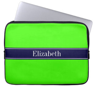 Solid Lime Green, Navy Blue Ribbon Name Monogram Laptop Sleeve