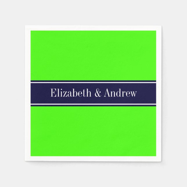 Solid Lime Green, Navy Blue Ribbon Name Monogram Napkin (Front)