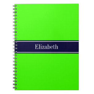 Solid Lime Green, Navy Blue Ribbon Name Monogram Notebook