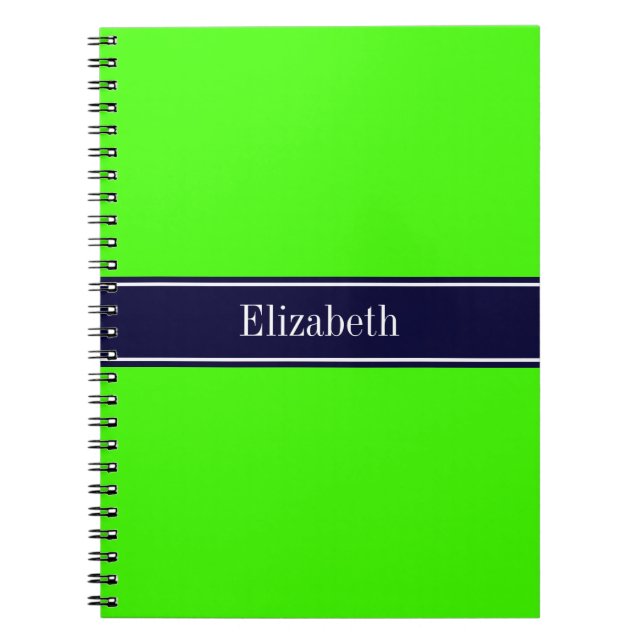 Solid Lime Green, Navy Blue Ribbon Name Monogram Notebook (Front)