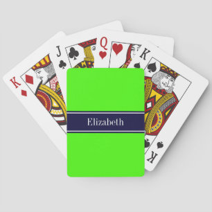 Solid Lime Green, Navy Blue Ribbon Name Monogram Playing Cards