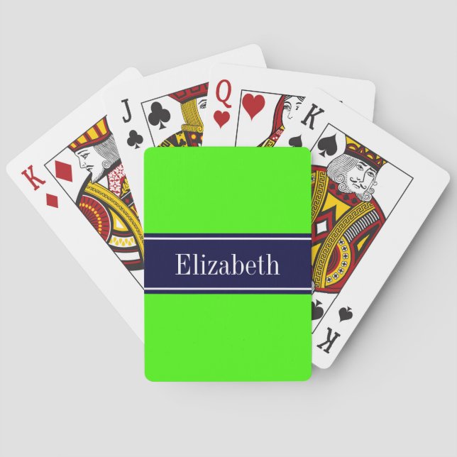 Solid Lime Green, Navy Blue Ribbon Name Monogram Playing Cards (Back)