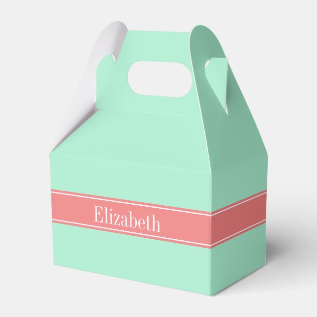Solid Lt Mint, Lt Coral Ribbon Name Monogram Favour Box (Front Side)