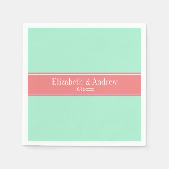Solid Lt Mint, Lt Coral Ribbon Name Monogram Napkin (Front)