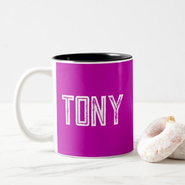 Solid Magenta Custom Name Monogram Two-Tone Coffee Mug (With Donut)