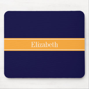 Solid Navy Blue, Cantaloupe Ribbon Name Monogram Mouse Mat