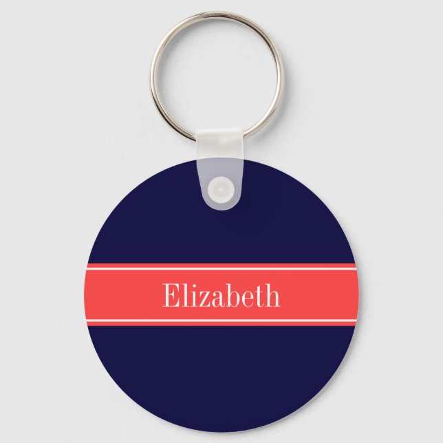 Solid Navy Blue Coral Red Ribbon Name Monogram Key Ring (Front)