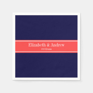 Solid Navy Blue Coral Red Ribbon Name Monogram Napkin