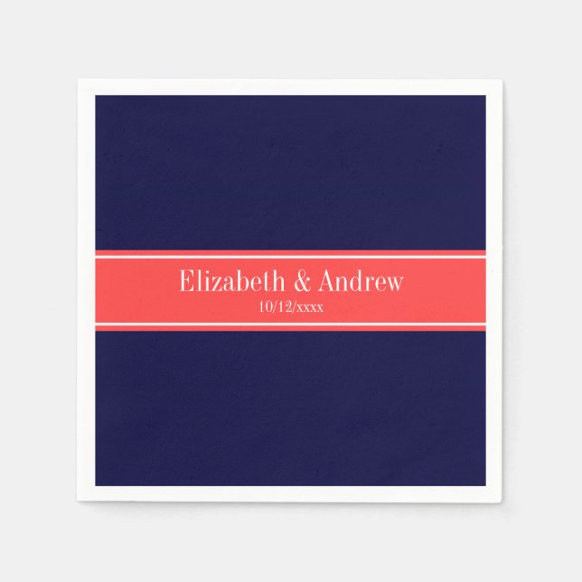 Solid Navy Blue Coral Red Ribbon Name Monogram Napkin (Front)