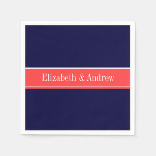 Solid Navy Blue Coral Red Ribbon Name Monogram Napkin