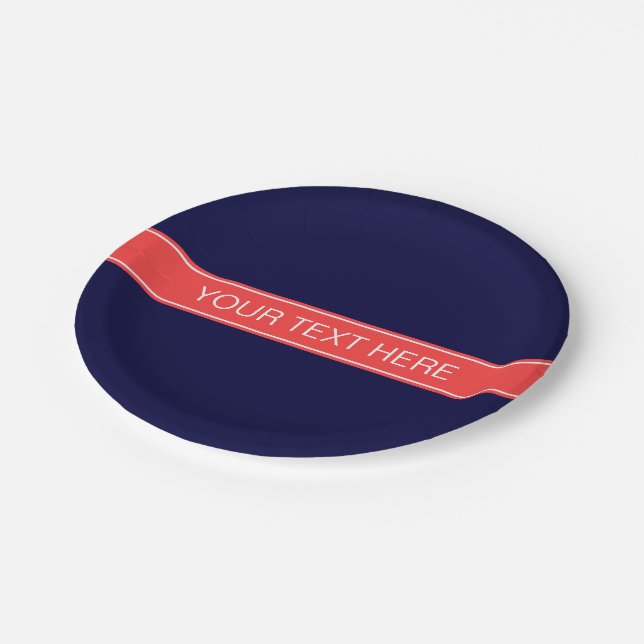 Solid Navy Blue Coral Red Ribbon Name Monogram Paper Plate (Angled)
