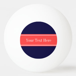Solid Navy Blue, Coral Red Ribbon Name Monogram Ping Pong Ball