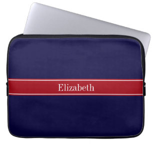 Solid Navy Blue Cranberry Red Ribbon Name Monogram Laptop Sleeve