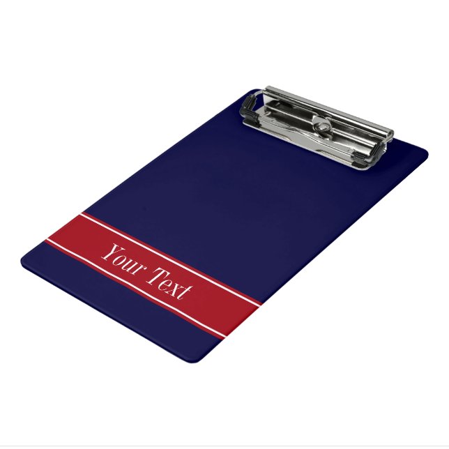 Solid Navy Blue Cranberry Red Ribbon Name Monogram Mini Clipboard (Angled3)