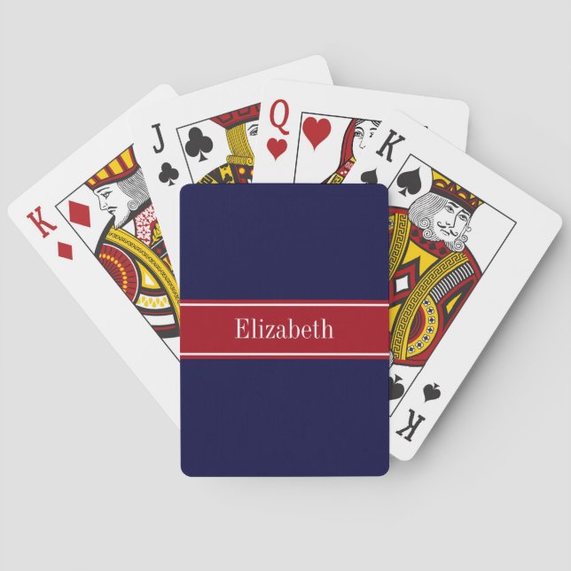 Solid Navy Blue Cranberry Red Ribbon Name Monogram Playing Cards (Back)
