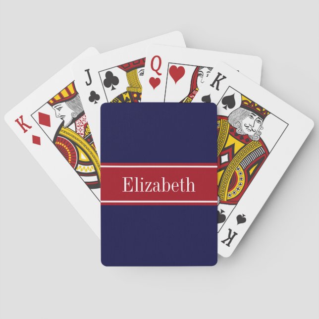 Solid Navy Blue Cranberry Red Ribbon Name Monogram Playing Cards (Back)