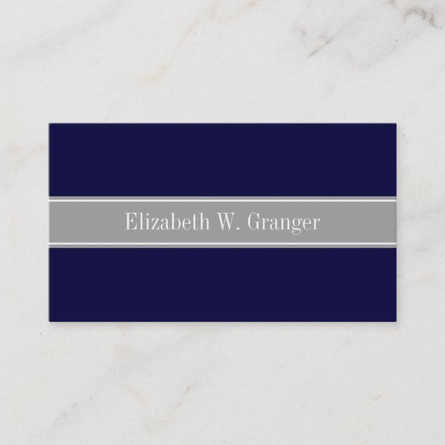Solid Navy Blue, Dark Grey Ribbon Name Monogram Business Card (Front)