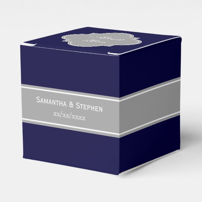 Solid Navy Blue, Dark Grey Ribbon Name Monogram Favour Box (Front Side)