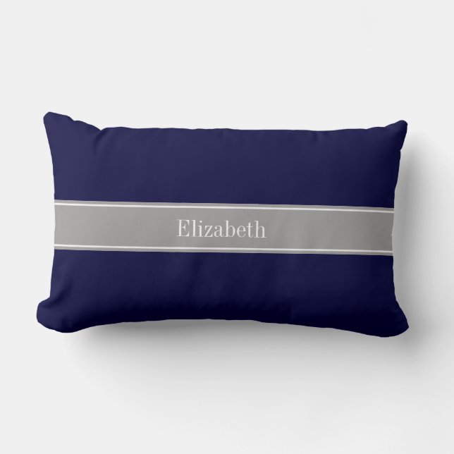 Solid Navy Blue, Dark Grey Ribbon Name Monogram Lumbar Cushion (Front)