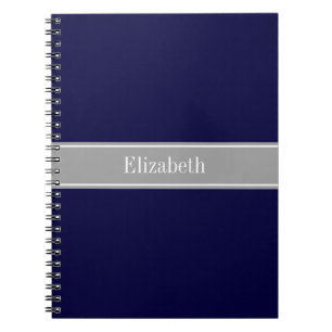 Solid Navy Blue, Dark Grey Ribbon Name Monogram Notebook