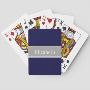 Solid Navy Blue, Dark Grey Ribbon Name Monogram Playing Cards