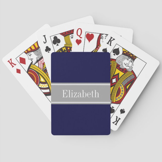 Solid Navy Blue, Dark Grey Ribbon Name Monogram Playing Cards (Back)