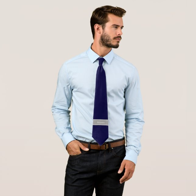 Solid Navy Blue, Dark Grey Ribbon Name Monogram Tie (In Situ)