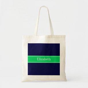 Solid Navy Blue Emerald Green Ribbon Name Monogram Tote Bag