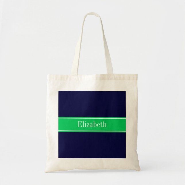 Solid Navy Blue Emerald Green Ribbon Name Monogram Tote Bag (Front)