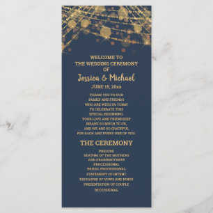 Solid Navy Blue Gold String Lights Wedding Program Programme