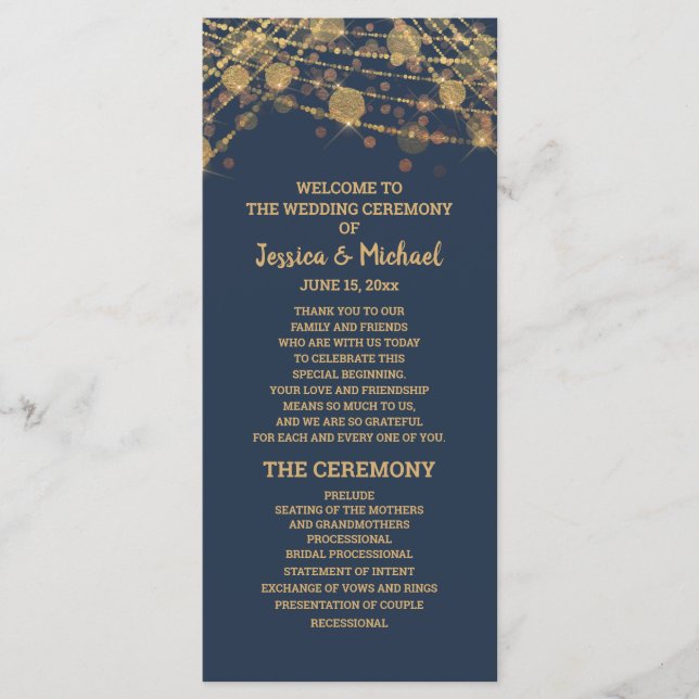 Solid Navy Blue Gold String Lights Wedding Program Programme (Front)