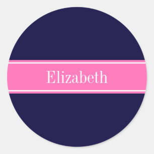 Solid Navy Blue Hot Pink #2 Ribbon Name Monogram Classic Round Sticker